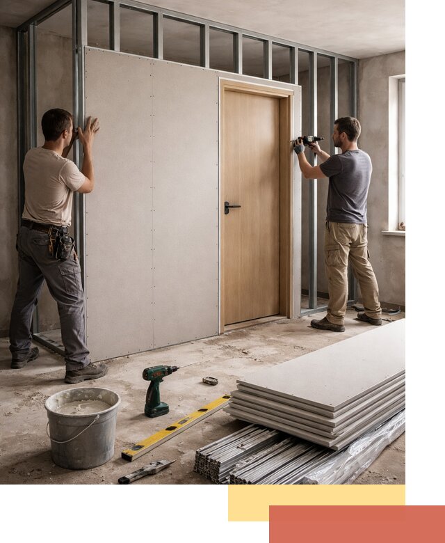 Перегородка из гипсокартона с дверью под ключ в Ржеве