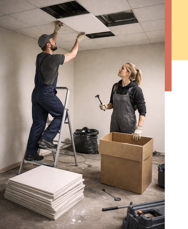 Демонтаж потолочной плитки в Ржеве от 4626 руб. быстро и недорого | ОТДЕЛОЧНИК-Ржв