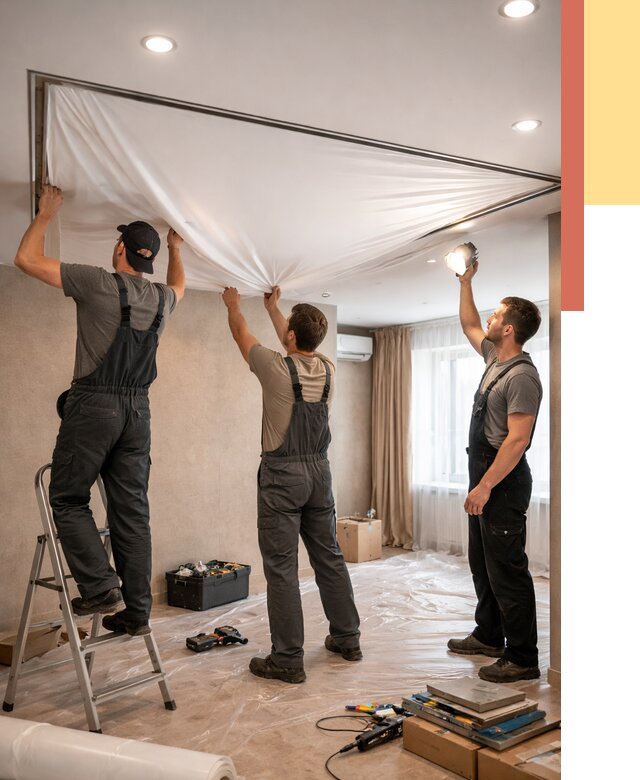 Монтаж ПВХ натяжного потолка в Ржеве от 3598 руб. под ключ | ОТДЕЛОЧНИК-Ржв