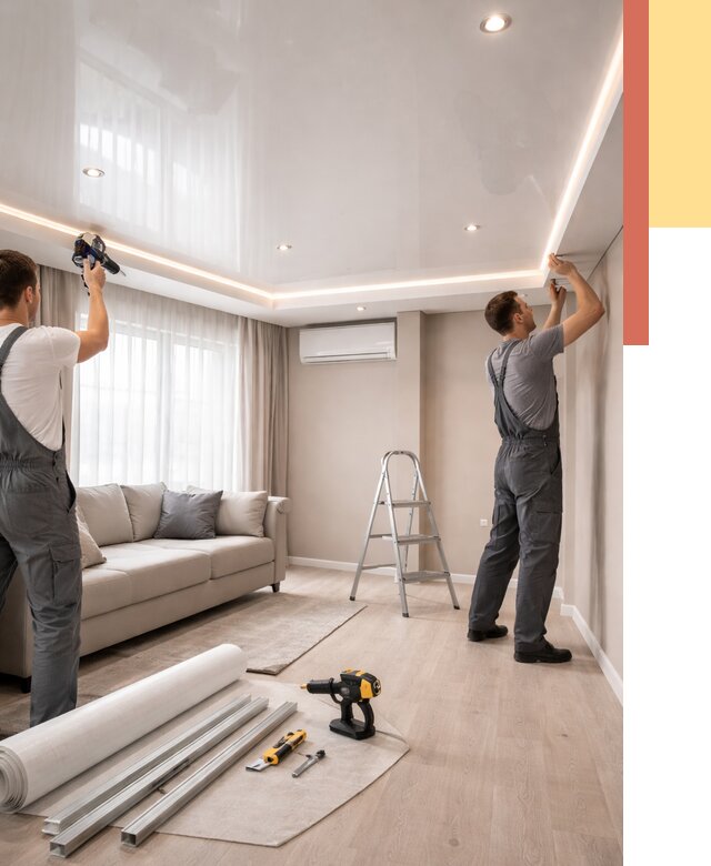 Монтаж глянцевого натяжного потолка в Ржеве от 771 руб. под ключ | ОТДЕЛОЧНИК-Ржв