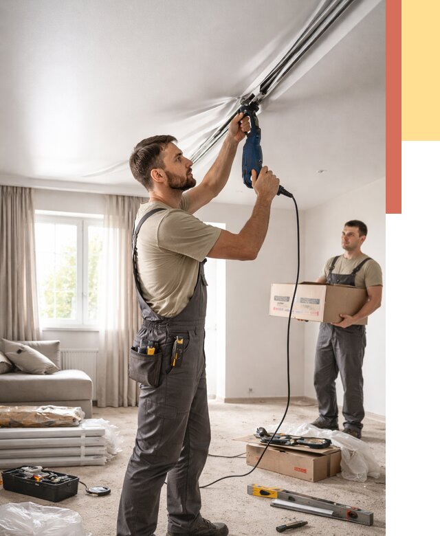 Монтаж сатинового натяжного потолка в Ржеве от 3598 руб. | Быстро, недорого — ОТДЕЛОЧНИК-Ржв