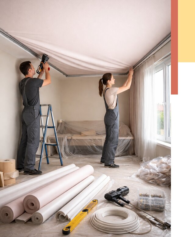 Монтаж цветного натяжного потолка в Ржеве от 4317 руб/м² — быстро и недорого | ОТДЕЛОЧНИК-Ржв