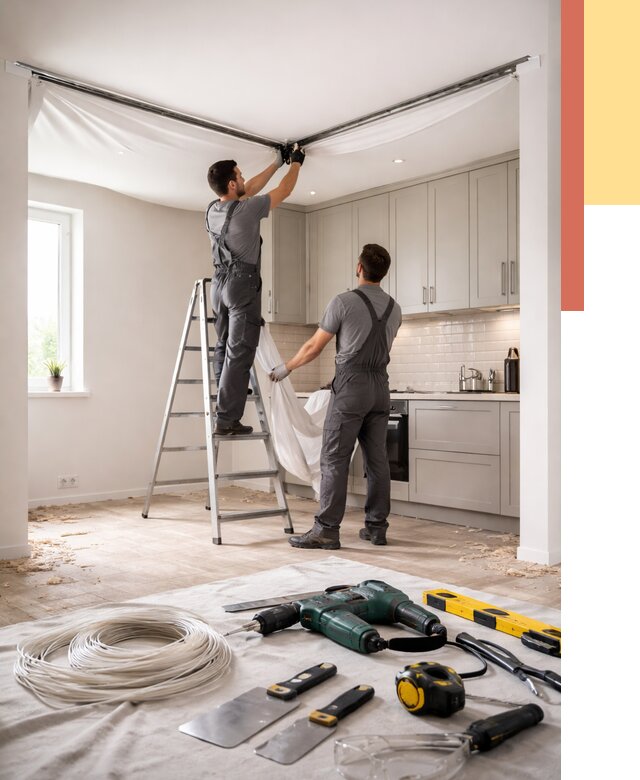 Установка натяжного потолка на кухне в Ржеве от 2467 руб. | ОТДЕЛОЧНИК-Ржв