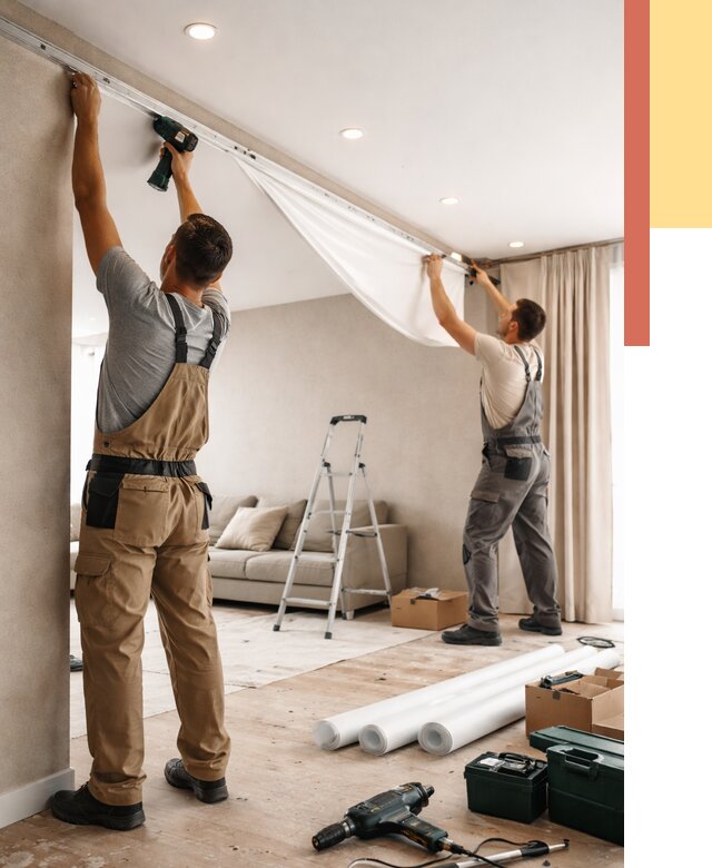 Монтаж натяжного потолка в гостиной в Ржеве от 565 руб. | ОТДЕЛОЧНИК-Ржв