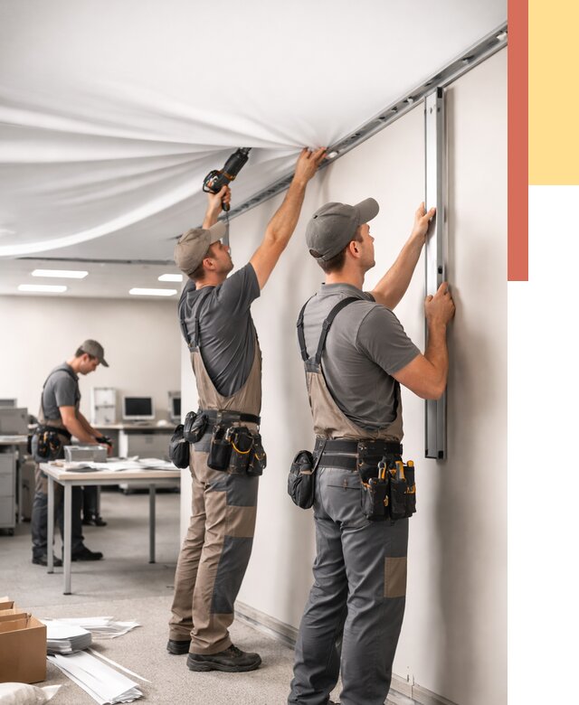 Монтаж натяжного потолка в офисе в Ржеве от 463 руб/м² — быстро и недорого | ОТДЕЛОЧНИК-Ржв