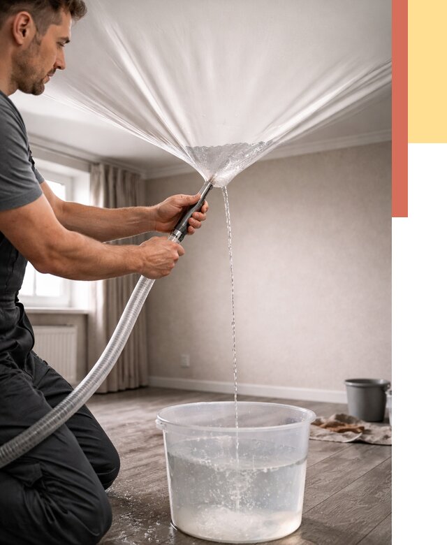 Слив воды с натяжного потолка в Ржеве от 2570 руб. быстро и недорого | ОТДЕЛОЧНИК-Ржв