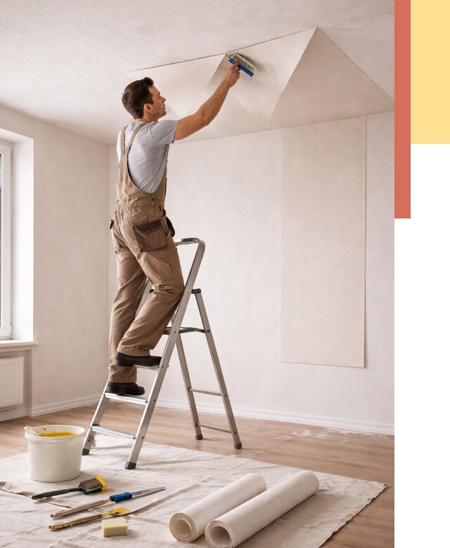 Поклейка обоев на потолок в Ржеве от 4626 руб. быстро и недорого | ОТДЕЛОЧНИК-Ржв